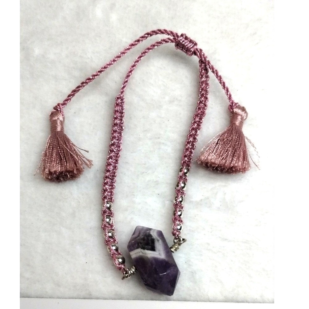 Chevron Amethyst Crystal Point Tassel Bracelet Pink Cord Adjustable Boho Jewelry